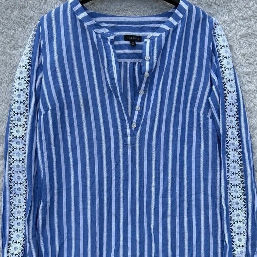 Talbots Blue White Striped Lace Sleeve Henley Blouse XS Coastal Preppy Top
